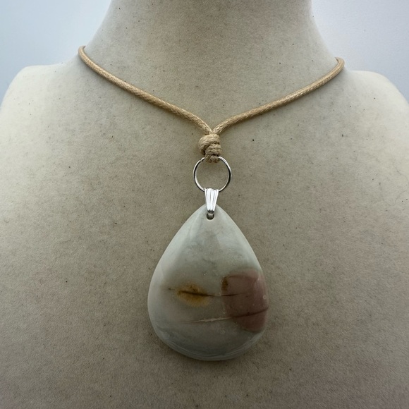 Light Polychrome Jasper Pendant Necklace on Tan Adjustable Rope - Picture 1 of 8